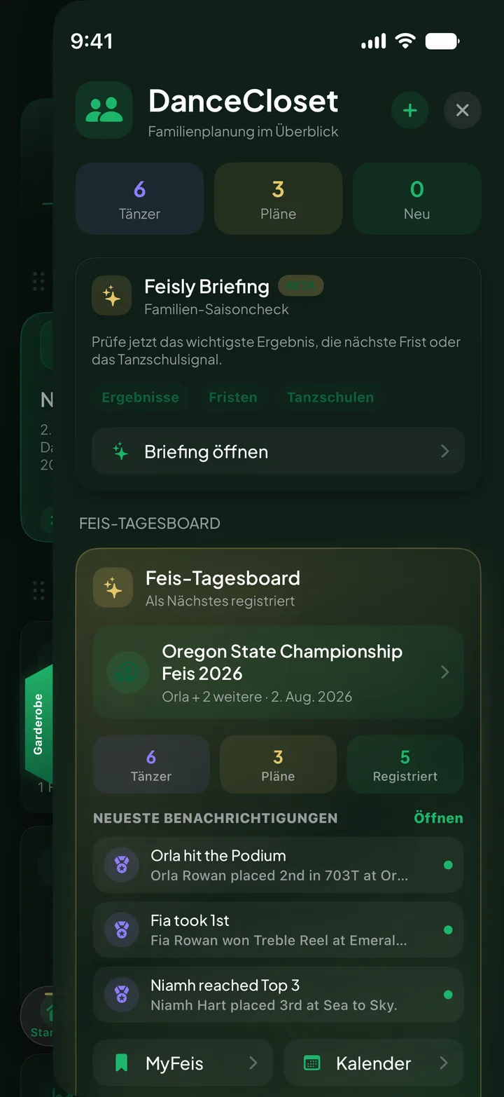 DanceCloset für Eltern mit Feis-Tagesboard