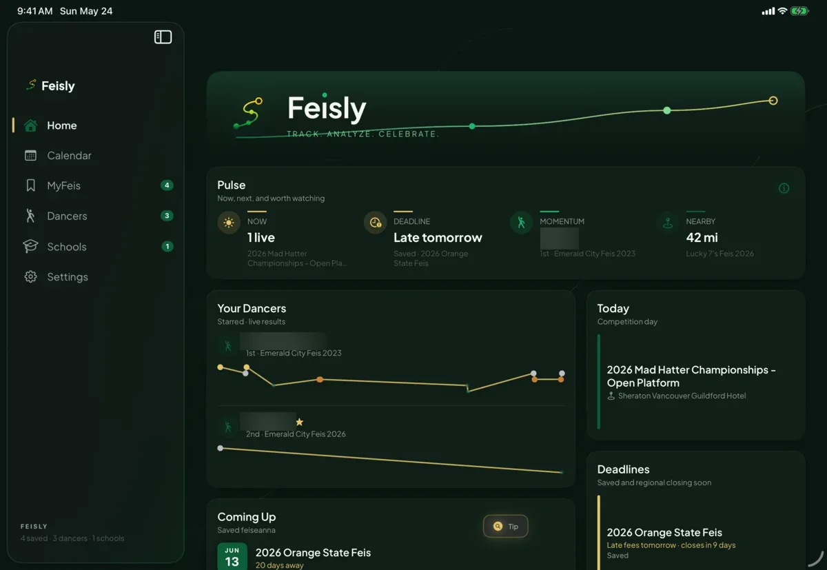 Feisly iPad home dashboard with bento panels